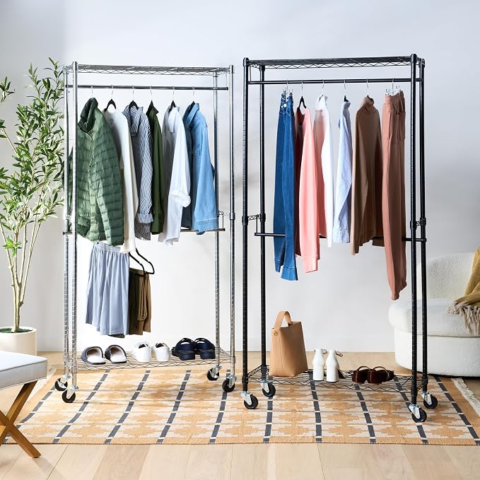 Amazon Basics Adjustable Double Rod Rolling Garment Rack, Hanging Clothes Closet Organizer with Wheels, Heavy Duty, 36" x 14" x 72", Black