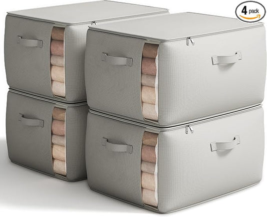 Vailando Large Canvas Comforter Storage Bags Closet Organizer for Clothes Sweater Clothes Organizer with Dual Zipper Three Carrying Handles for Blanket Closet Storage Container, 4 Pack, Grey