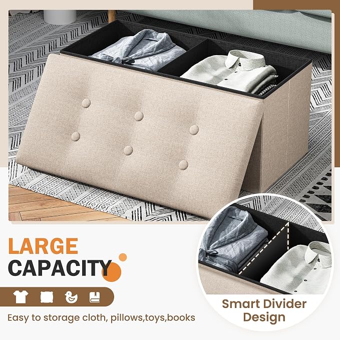 Youdesure 30 Inch Folding Storage Ottoman, Faux Leather Storage Ottoman Bench with Padded Seat, Storage Foot Rest Supports Up to 350 lbs for Living Room, Bedroom, Hallway, Beige