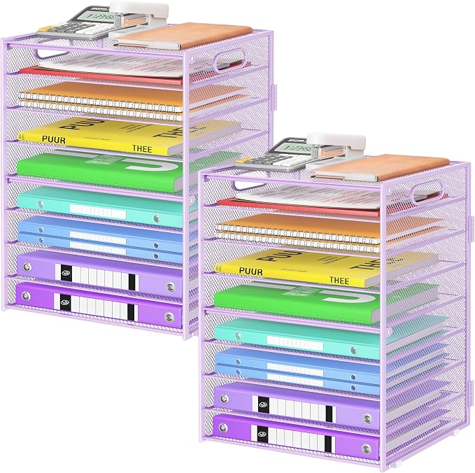 Cawukege 9 Tier Paper Organizer with Handle, 2 Pack Large Capacity Desk Organizer Mesh Paper Letter Tray File Folder Document Sorter for Classroom and Office Accessories Organization- Purple