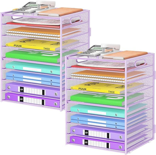 Cawukege 9 Tier Paper Organizer with Handle, 2 Pack Large Capacity Desk Organizer Mesh Paper Letter Tray File Folder Document Sorter for Classroom and Office Accessories Organization- Purple
