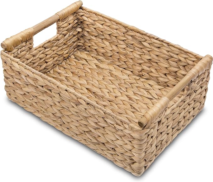 VATIMA Hyacinth Large Wicker Basket 15.5x10.8x6.2" | Rectangular, Wooden Handles, Shelf Organizer