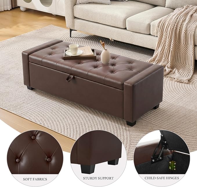 Huatean Home 48" Ottoman with Storage, Dark Brown Storage Ottoman Bench | Upholstered Entryway Bench with Seating for Bedroom, Living Room, with Safety Hinge, Holds up to 330 lb