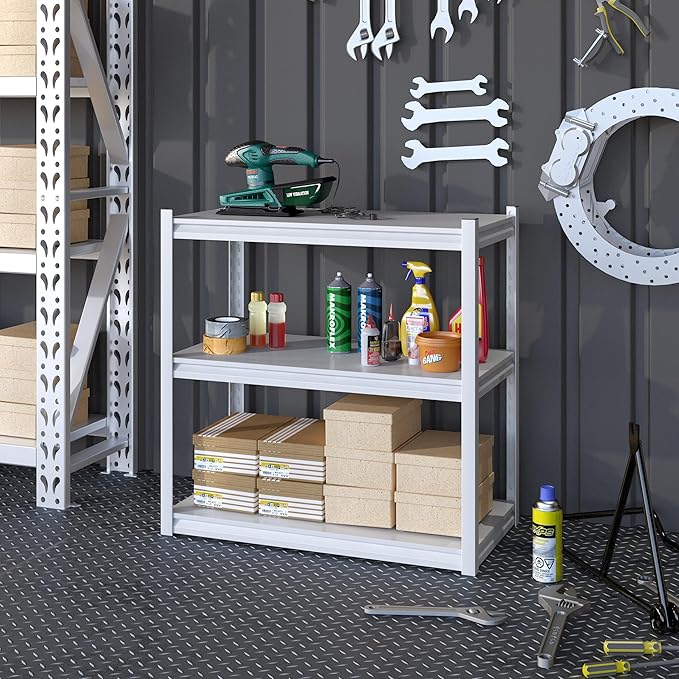 Garage Shelving Adjustable 3 Tier Heavy Duty Metal Storage Shelves Adjustable Utility Rack Organization for Kitchen, Pantry, Closet, Garage, Office 31.5" W x 15.75" D x 31.5" H, White