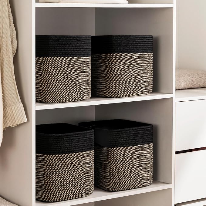 joybest 13inch Cube Storage Bins, Cotton Rope Woven Organizer Basket | Set of 4 Cube Bin Square Shelves Organizer Closet Storage, Nursery, Toy Organization, Black&Dark Brown