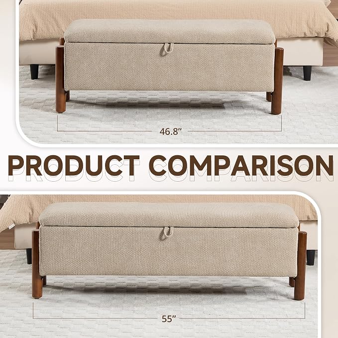 55'' Modern Storage Ottoman Benches | Walnut Wood Legs 26 Gallons Storage Space Fabric Upholstered Seating End of Bed for Bedroom Livingroom Khaki