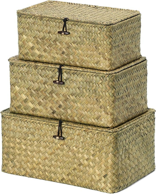 Nonam Storage Basket with Lid, Natural Seagrass Bin with Lid Set of 3, Shelf Baskets Multipurpose Container for Boho Decoration, Rectangular Storage Boxes for Home Organization- Dark Moss Green