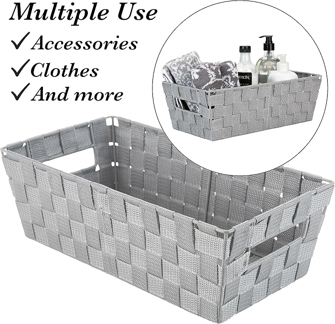 Simplify Extra Long Shelf Woven Strap Tote | Decorative Storage Basket | Built in Handles | Organization | Closet | Bedroom | Bathroom | Nursery | Accessories | Toys | Gifts | 1 Pack | Heather Grey