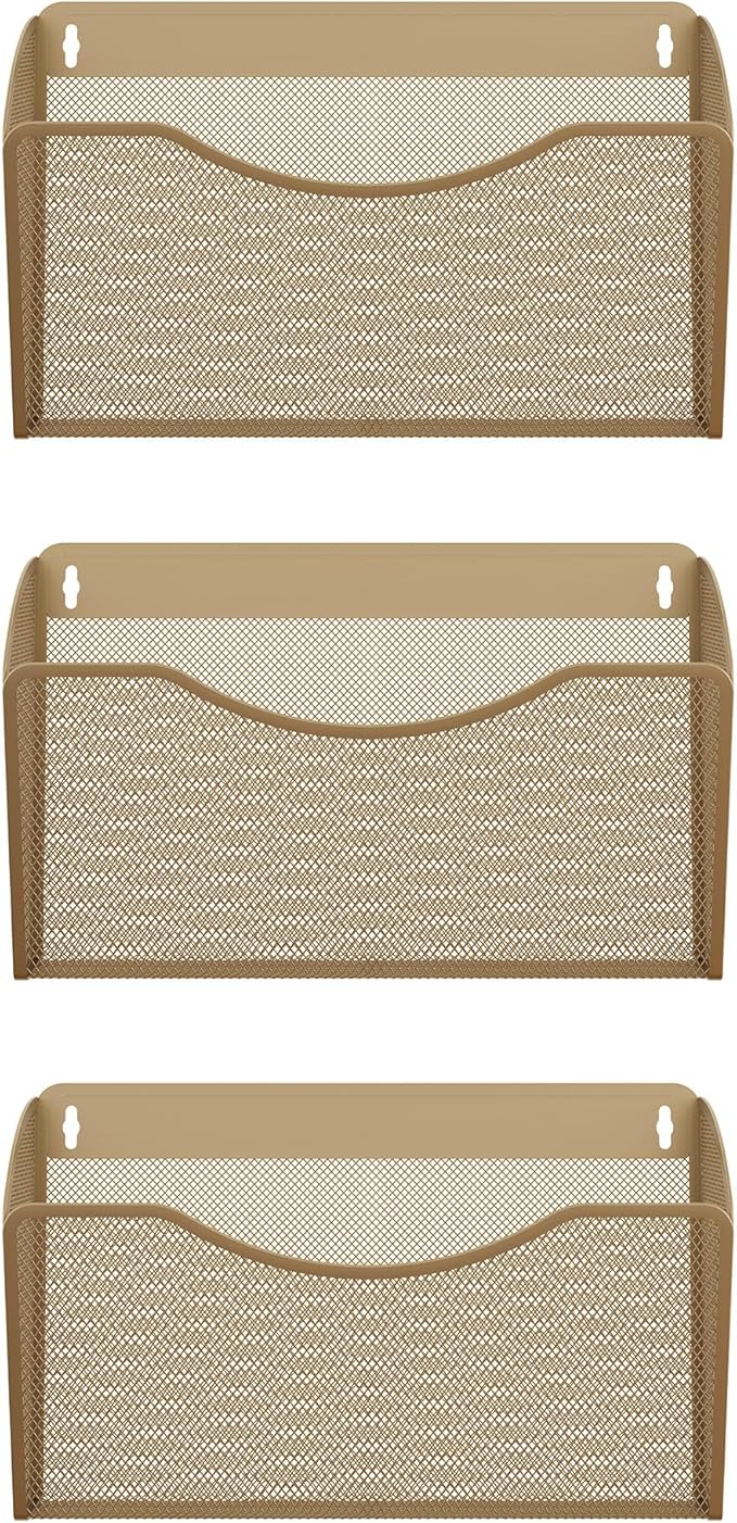 EasyPAG Wall File Organizer, Metal Mesh Hanging File Folder Holder for Letter/A4 Size Folders, Vertical Wall Mount Mail Sorter for Office Paperwork, Classroom, Gold