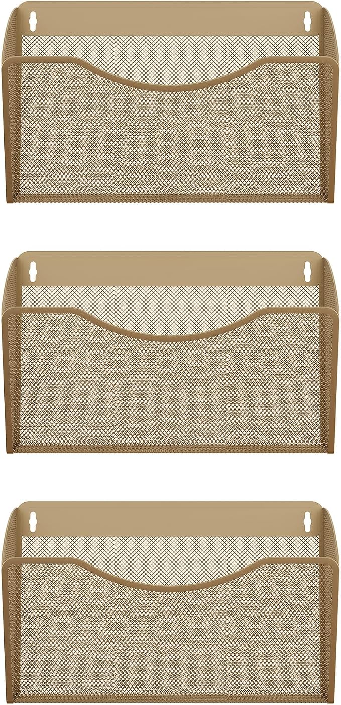 EasyPAG Wall File Organizer 3 Pack, Hanging File Organizer Wall Mount, Metal Mesh Folder Holder for Letter/A4 Papers, Mail Sorter for Office, Classroom, Home, Gold