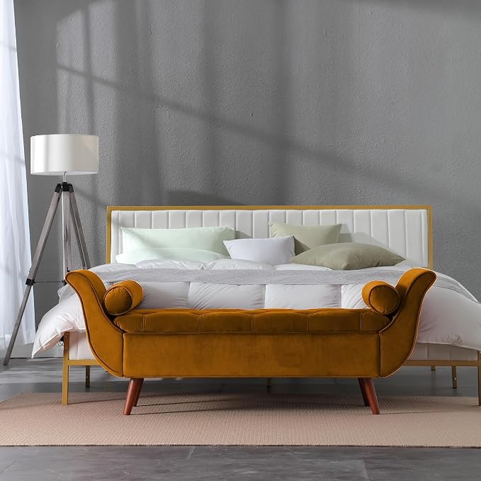 Storage Bench for Bedroom End of Bed, Velvet Upholstered Rolled Armed Button Tufted Sofa Stool Bench, Storage Ottoman Couch Long Bench with Solid Wood Legs (Brown)