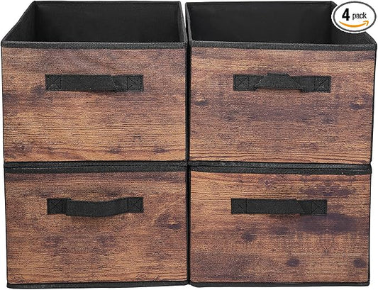 JAKAGO Fabric Storage Bins set of 4 Rectangle Storage Baskets with Handle Foldable Closet Organizer for Clothes Towel bedding Books Collapsible Clothing Container for Shelves Bedroom(Wood High)