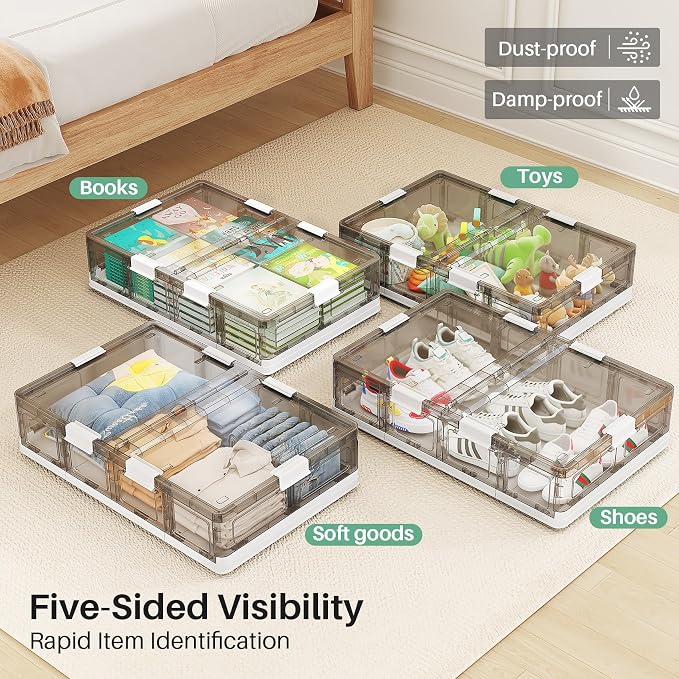 Kitstorack Clear Plastic Under Bed Storage Containers Bins with Lids and 8 Pre-installed Wheels,37.8 Qt, Rolling Foldable Flat Under Bed Organizer Boxes for Clothes Shoes Clothing Bedroom