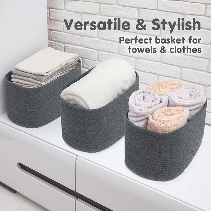 CHAT BLANC Cotton Rope Baskets for Organizing, Shelves, Toys, Storage, Shoe, Bathroom, Laundry, Towel, Nursery, Home Decor, Blanket, Cloth Woven Bins Fabric (Graphite, 15"x10"x9")