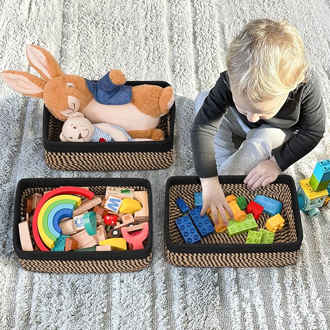 Goodpick 3-Pack Wicker Storage Baskets for Organizing, 11 x 7 x 4.5 in | Woven Baskets for Shelves, Closet Organizer Bins,Empty Baskets for Gifts, Woven Basket for Play Room, Black & Jute