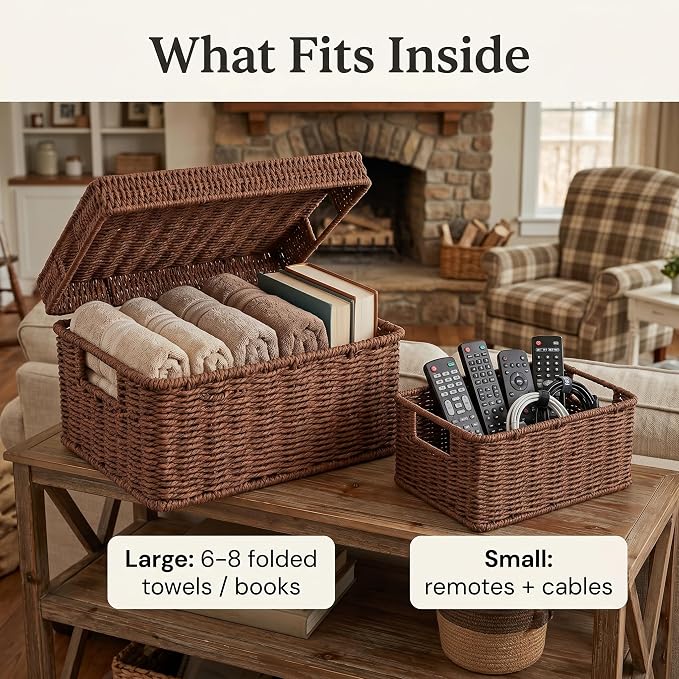 Wicker Storage Basket with Lid for Shelves, 3-Basket Set, Dark Brown | One rectangular wicker basket with lid and two open baskets for decorative shelf storage; removable lid flips into a tray.