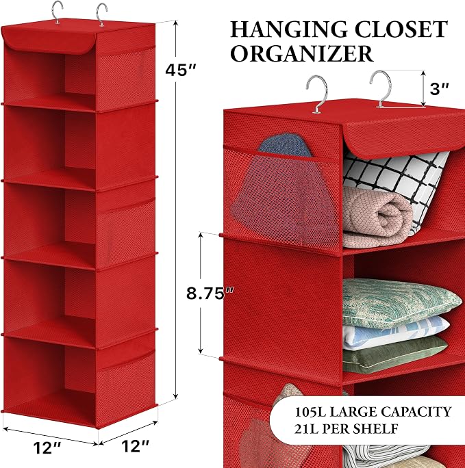 Simple Houseware 5 Shelf Hanging Closet Organizer, Red | 360° Rotating Dual Hooks, Top Support Metal Frame, 6 Side Mesh Pockets