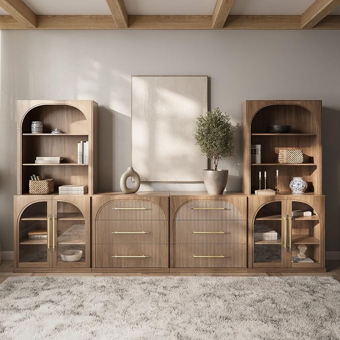 BELLEZE 6-Piece Modular TV Stand Set - 2 Arched Glass Door Sideboards, 2 Sideboards with Drawer, 2 Hutch Cabinets, Classic Modern Media Console Entertainment Center for Living Room (Camel)