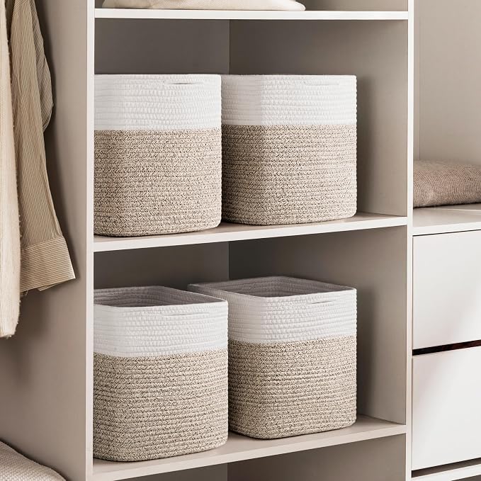 joybest 13inch Cube Storage Bins, Cotton Rope Woven Organizer Basket | Set of 4 Cube Bin Square Shelves Organizer Closet Storage, Nursery, Toy Organization, Brown&White