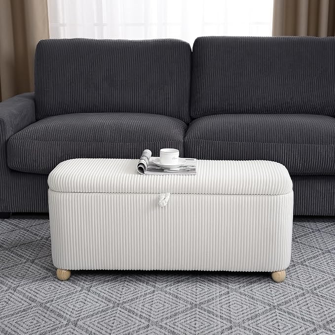 Homebeez 39” Corduroy Storage Ottoman Bench with Hinged Lid & Handle | End of Bed Storage Bench with Wood Ball Legs, for Kids Room, Bedroom, Entryway & Living Room, (White)