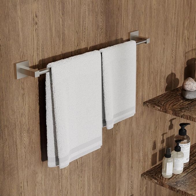 RUACQ Adjustable Towel Bar, Towel Racks for Bathroom Wall Mounted, Nickel | Adjust 13.8 to 24 inch Single Towel Rod, Bath Towel Holder, 304 Stainless Steel, Rustproof, Square Base, Heavy Duty, Modern