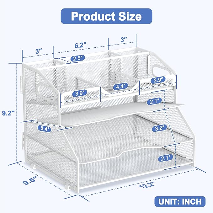 4 Tier Metal Desk Organizer with Magazine File Holder, White | Space saving workspace desk file trays. Includes pencil holder and portable handles. Ideal for school and office supplies