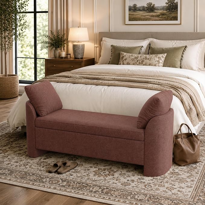Usaint 58.3" Upholstered Storage Ottoman Bench with 2 Pillows, Rusty Red | End of Bed Bench with Curved Arms and Thickened Seat Cushion for Bedroom, Livingroom, Window, Entryway and Dressing Areas