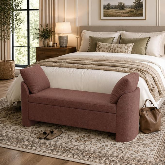 Usaint 58.3" Upholstered Storage Ottoman Bench with 2 Pillows, Rusty Red | End of Bed Bench with Curved Arms and Thickened Seat Cushion for Bedroom, Livingroom, Window, Entryway and Dressing Areas