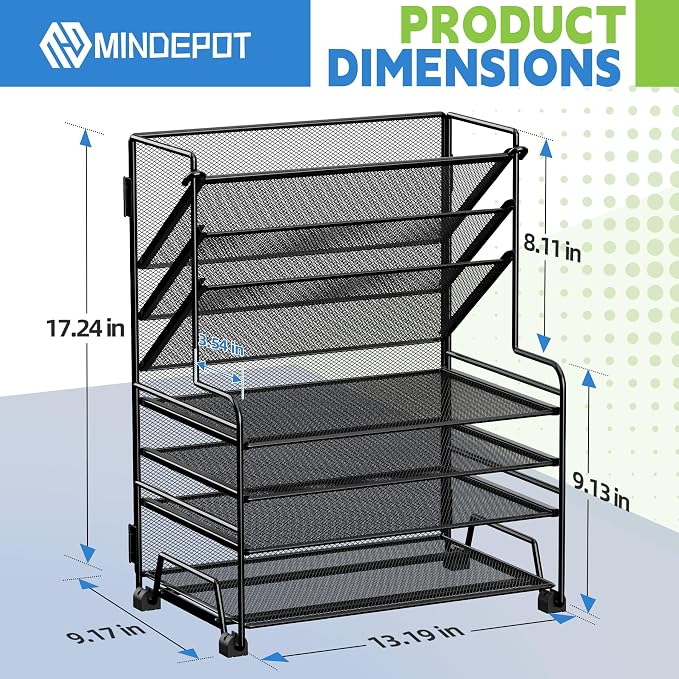 MINDEPOT 4-Tier Paper Organizer + 3-Pocket File Holder + Drawer + Pen Holders, Desktop File Organizers Paper Tray for Office Supplies School Classroom Organization (Black, No Drawer & Pen Holder)