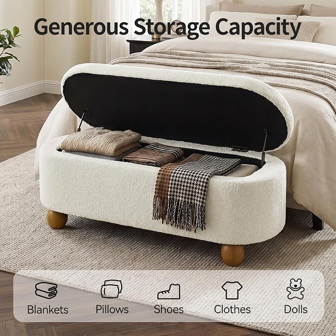 VKNOW 44.8" Storage Ottoman Bench End of Bed Bench with Hinge, Beige | Cute Spherical Solid Wood Stool Legs, Comfortable Fabric, No Assembly, Bedroom Living Room Entryway Dressing Areas