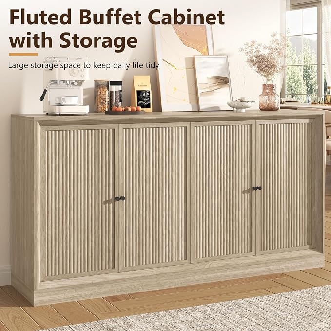 Hlivelood 63” Fluted Sideboard Buffet Cabinet with Storage, Mid Century Modern Wooden Credenza with 4 Doors & Adjustable Shelves, Beveled Edge Storage Cabinet for Kitchen, Living Room (Natural Oak)