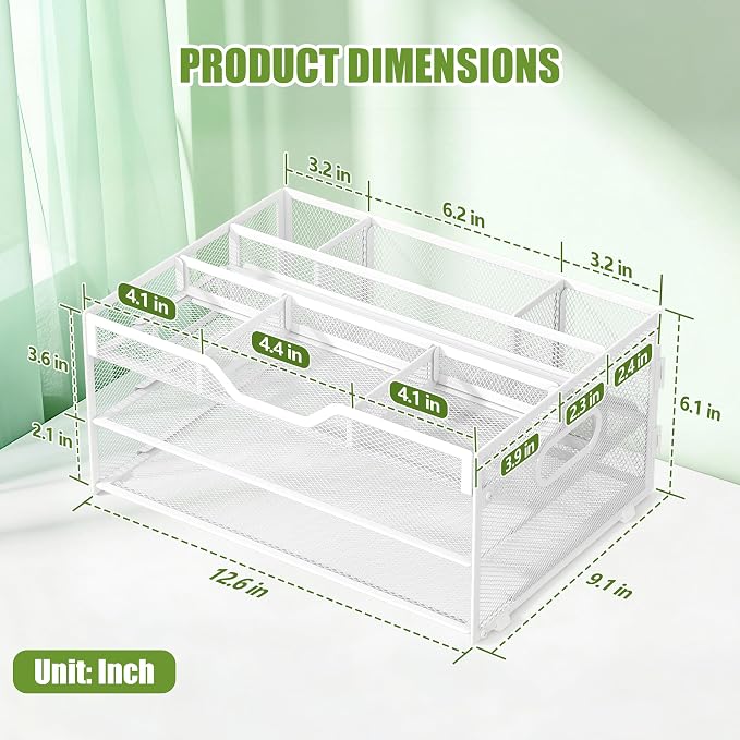 3 Tier Metal Desk Organizer with Magazine File Holder, White | Space saving workspace desk file trays. Includes pencil holder and portable handles. Ideal for school and office supplies