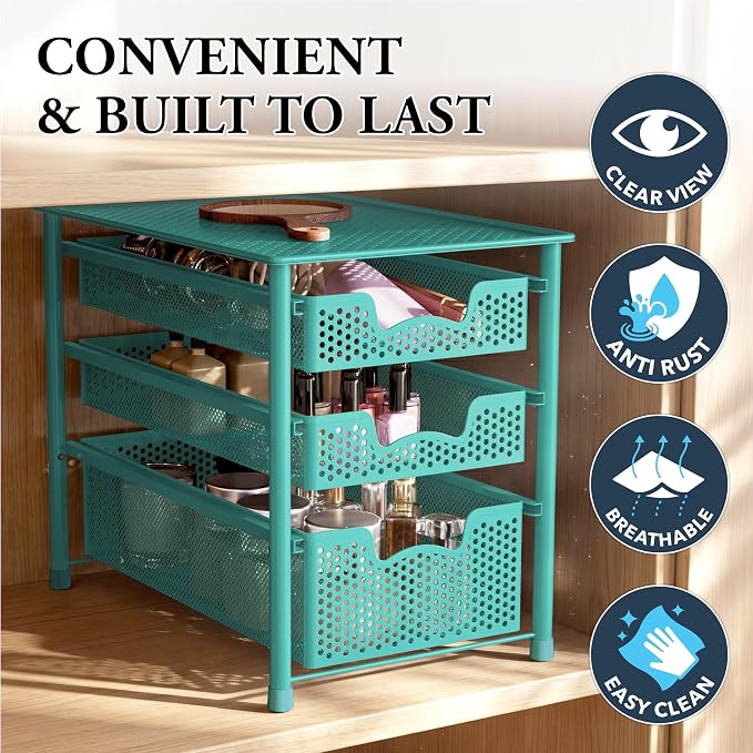 Simple Houseware Stackable 3 Tier Slide Basket Organizer Drawer, Turquoise