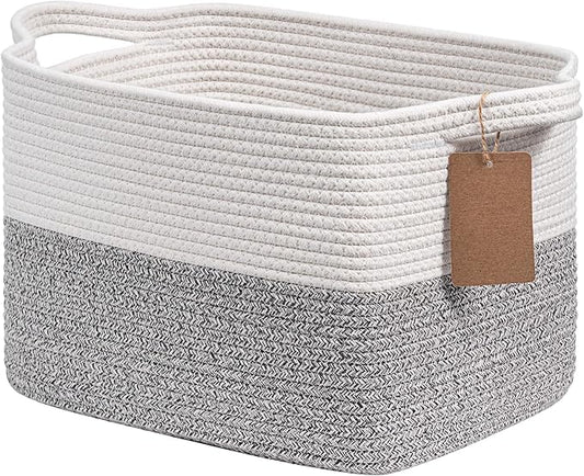 Goodpick Small Laundry Basket with Handles, Cotton Rope, Light Gray | 13 × 10 × 9 in, Soft Woven, Rectangle, Bathroom & Bedroom Organization, Clothes, Towels & Toys Storage
