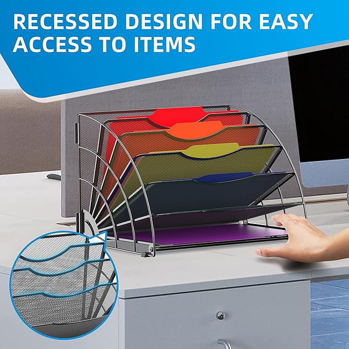 Fan Shaped Desk File Organizer, 6-Compartment File Holder for Desk | Metal mesh frame, tiered open design for easy access, organizes papers, folders and books for offices, schools and classrooms