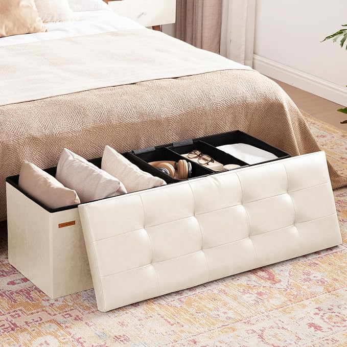 HAUSFRAU Ottoman with Storage Bench Folding Foot Rest Stool Linen Ivory | 43.3", Flip Lid, Foldable Large Footrest Footstool, Bedroom Bench, Living Room Dorm Ottoman, Faux Leather, Upholstered