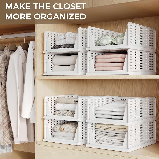 Pinkpum 6 Pack Closet Organizer Storage Bins Stackable Plastic Drawer Shelf | Basket for Clothing Stackable Storage Bins Shelf Storage Container for Closet Wardrobe Bedroom Bathroom Office White Foldable