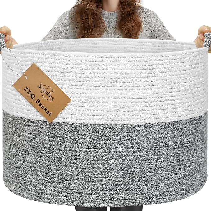 XXXL Large Blanket Basket for Living Room, 21.7" x 13.8" Woven Cotton Rope Laundry Hamper for Pillows, Towels & Toy Storage - Decorative Round Storage Basket with Handles for Nursery, Baby & Dog Toys