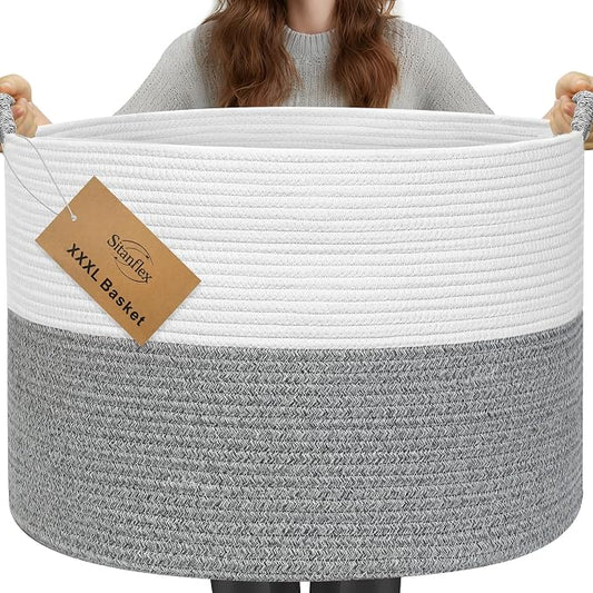 XXXL Large Blanket Basket for Living Room, 21.7" x 13.8" Woven Cotton Rope Laundry Hamper for Pillows, Towels & Toy Storage - Decorative Round Storage Basket with Handles for Nursery, Baby & Dog Toys
