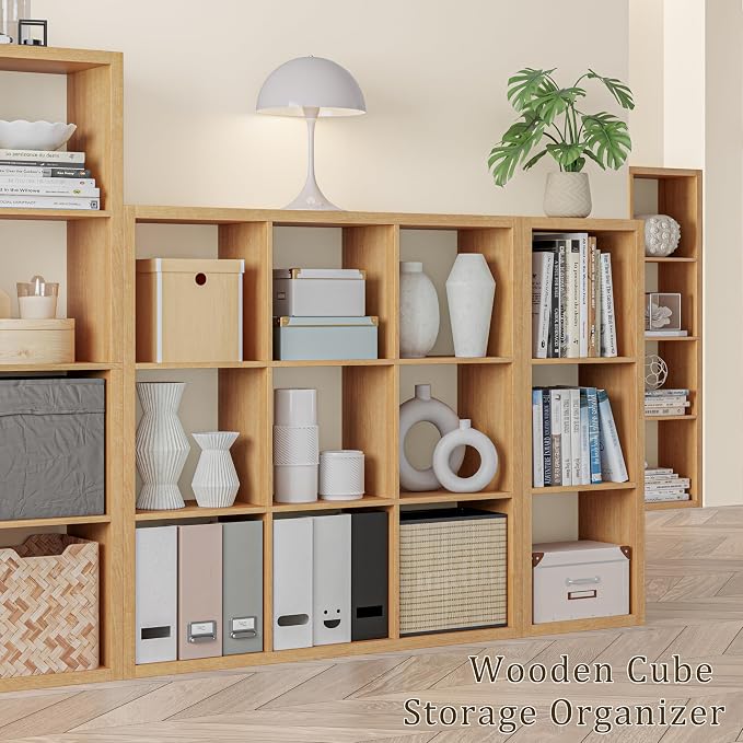 VDNEND Cube Storage Organizer Bookcase, Decorative 11 inch Open Back Cubical Shelf with Thickened Border, Display Bookshelf for Living Room, Home Office, Sturdy Room (Natural Oak, 9 Cube)
