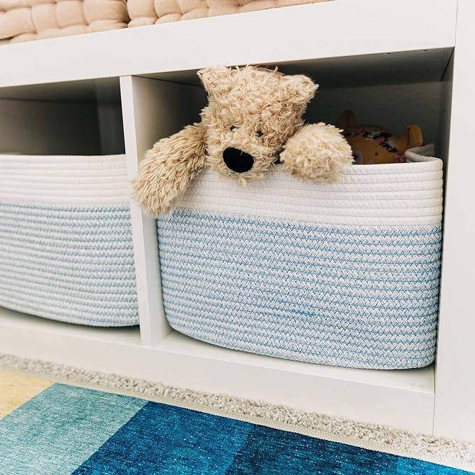 OrganiHaus Cotton Rope Baskets for Shelves, Set of 3, 15x9x10 | Handwoven; a toy bin and organizer for towels, books, or blankets; fits nursery, playroom, or bedroom decor