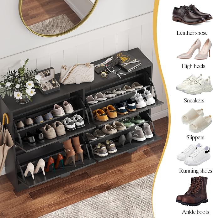 HUANLEGO Shoe Cabinet Storage for Entryway with 4 Flip Drawers, Black Fluted Shoe Cabinet with Adjustable Shelves, Wooden Hidden Shoe Rack Freestanding Narrow Slim Shoes Storage for Hallway, Entrance