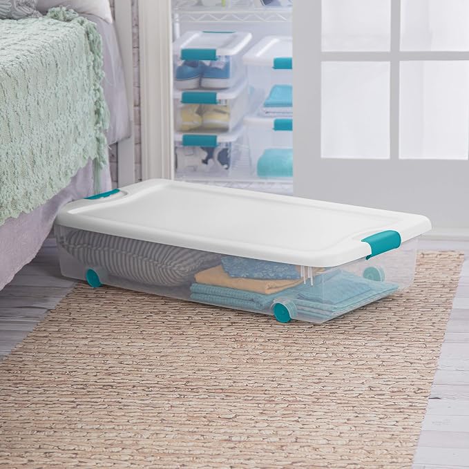 Sterilite 4-Pack 56 Quart Wheeled Latching Box, Underbed Clear Plastic Storage Organizer - Under Bed Rolling Container Bin with Lid and Wheels for Home or Dorm Bedrooms and Closets