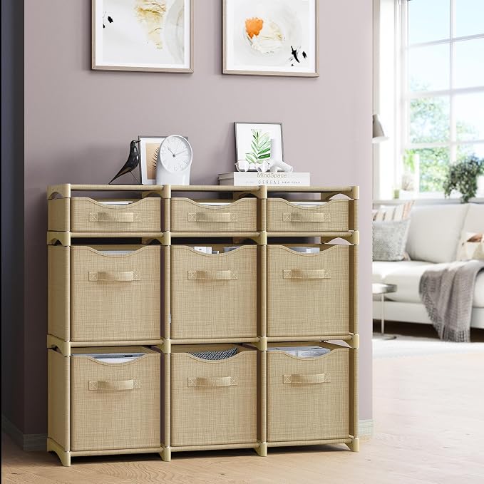 Cube Storage Organizer with Storage Bins Included - The Perfect Closet Organizers and Storage Solution. Includes 9 Storage Cubes, Great For Toy Storage, Closet Storage, Clothes Storage (Beige)