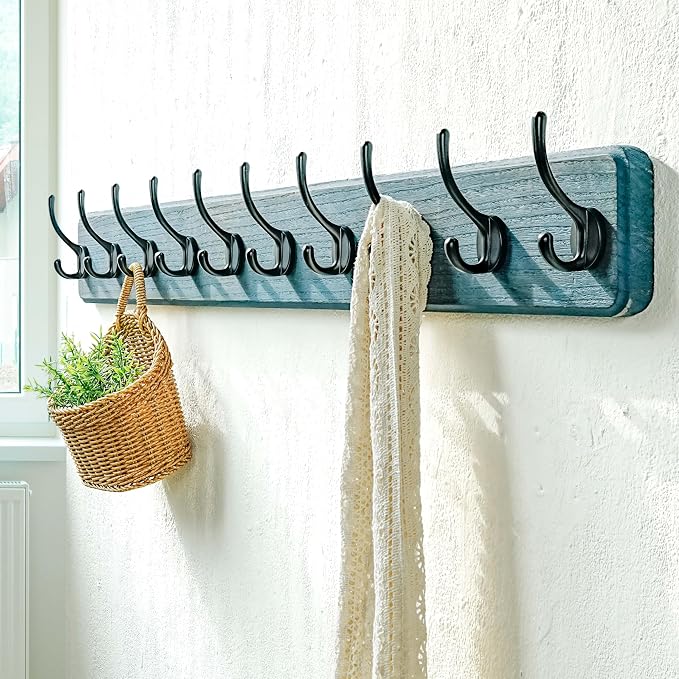 Coat Rack Wall: 38-1/4" Long, Patented, Heavy-Duty, 10-Double-Hooks Wooden Wall Mounted Coat Rack Coat Hanger Hook Rail for Winter Coats Hat Jacket Clothing, Weathered Blue