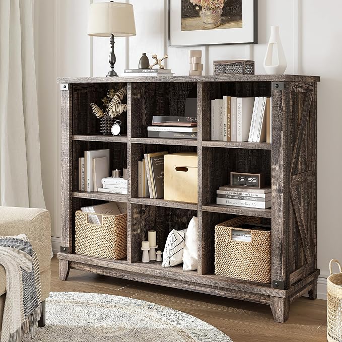 EnHomee Farmhouse 9-Cube Storage Organizer for Living Room, Black Oak | Home Organization Lovers, Wood & Metal, Holds 386 Lbs, Anti-Tip & Stabilizers