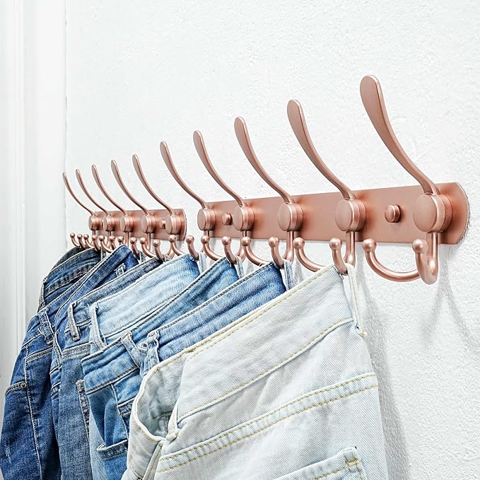 Dseap Coat Rack Wall Mounted - 5 Tri Hooks, Heavy Duty, Stainless Steel, Metal Coat Hook Rail for Coat Hat Towel Purse Robes Mudroom Bathroom Entryway, Rose Gold