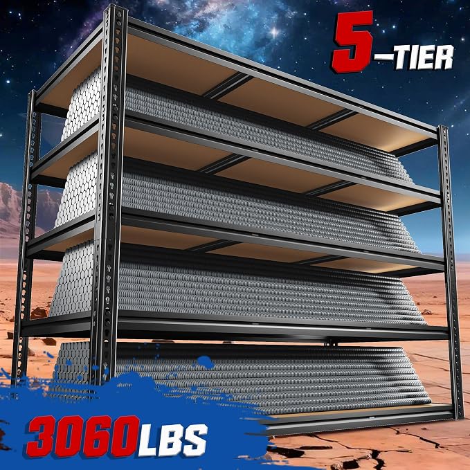 48" W Garage Shelving, Garage Storage Shelves Heavy Duty 3060LBS, 5 Tier Adjustable Metal Shelving Unit Industrial Shelving for Warehouse, Pantry, Basement, Kitchen, 72" H x 48" W x 24" D, Black