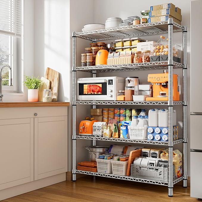 REIBII 5-Tier 1200LBS Metal Shelving, 71" H Adjustable Storage Shelf,Chrome | 19.1mm diameter rods, 240 lbs/shelf, adjustable shelf with leveling feet, tool-free setup,fits kitchen/bathroom