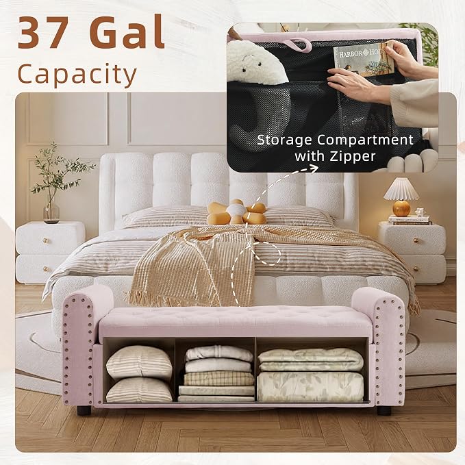 48" Ottoman with Storage, Tufted Storage Ottoman Bench, Convenient Living Room Fabrics Bench Seat, Entryway Shoe Benches with Inner Zipper & Arm, Upholstered Window Seat Ottomans with Rivets,Pink
